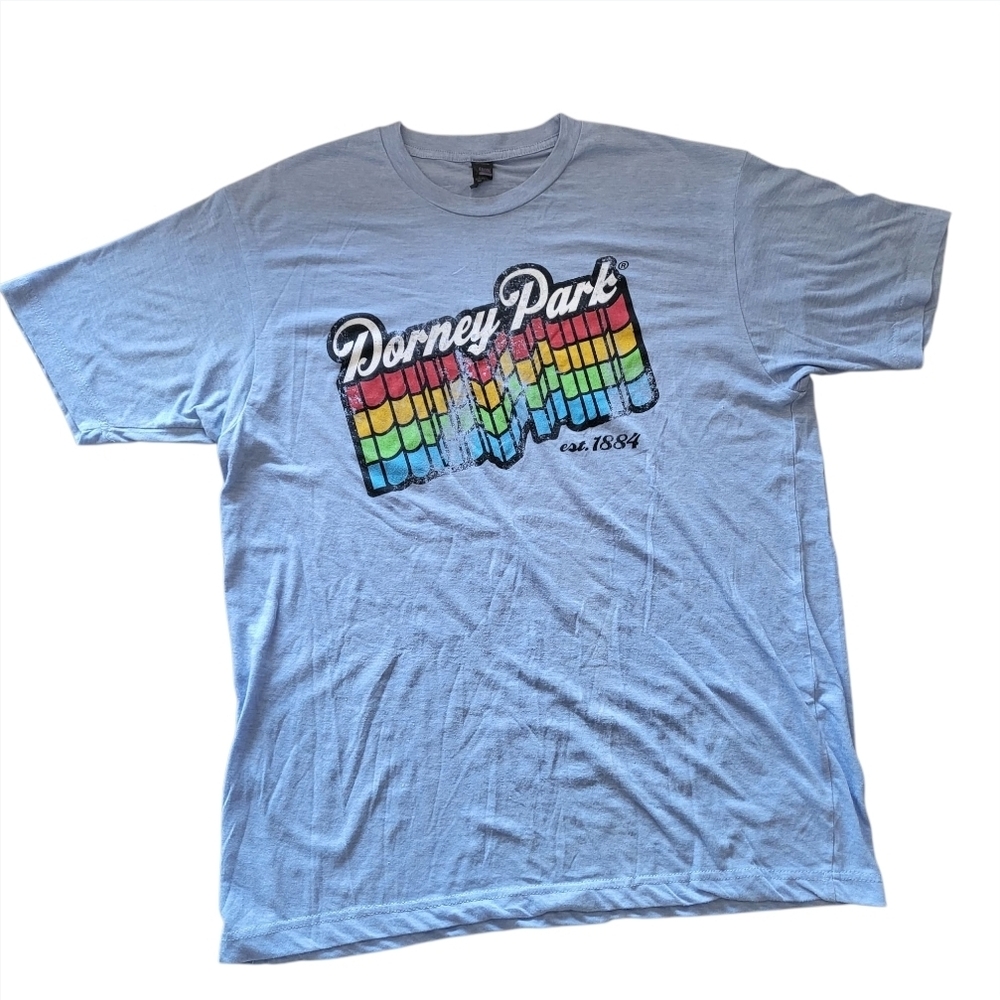 Rare Tultex 80s Vintage Light Blue/Rainbow Dorney Park Graphic Tee Mens Size Lg